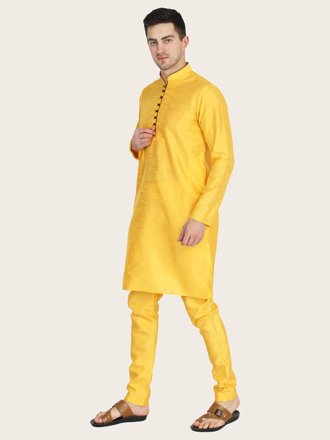 Men Yellow Dupion Kurta Set - Tahvo India