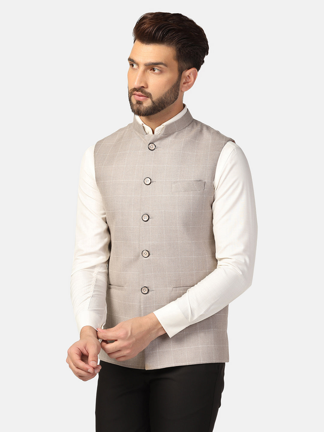 Men Beige Check Nehru Jacket