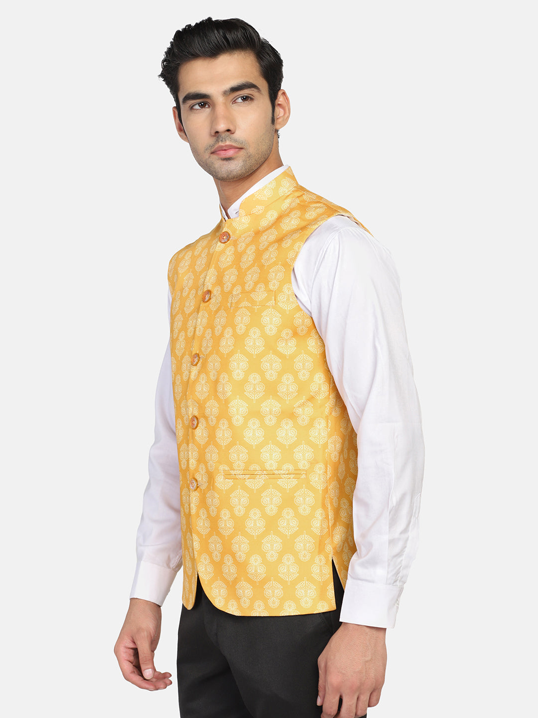 Men Yellow Leaf Nehru Jacket