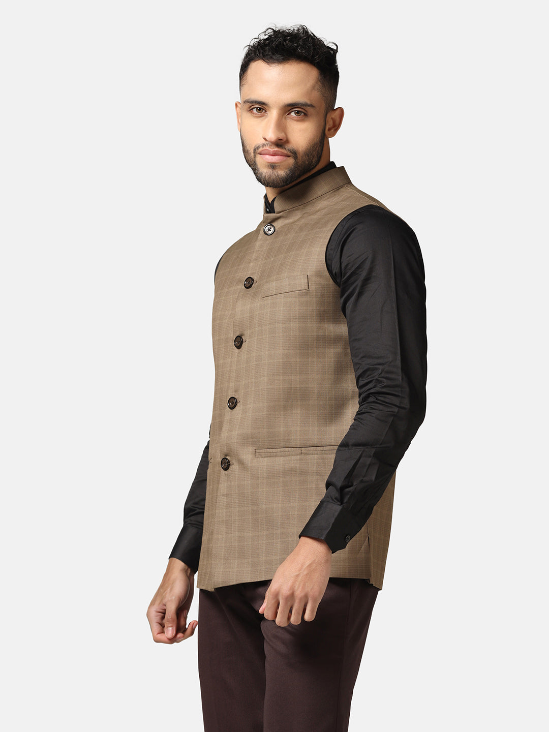 Men Brown Check Nehru Jacket