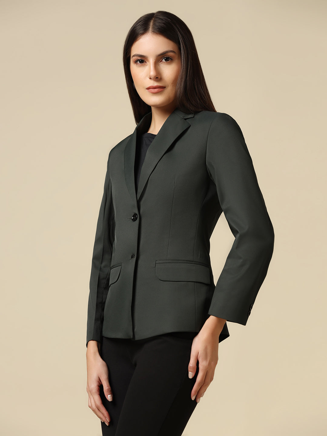 Women Dark Green Single Breasted Blazer