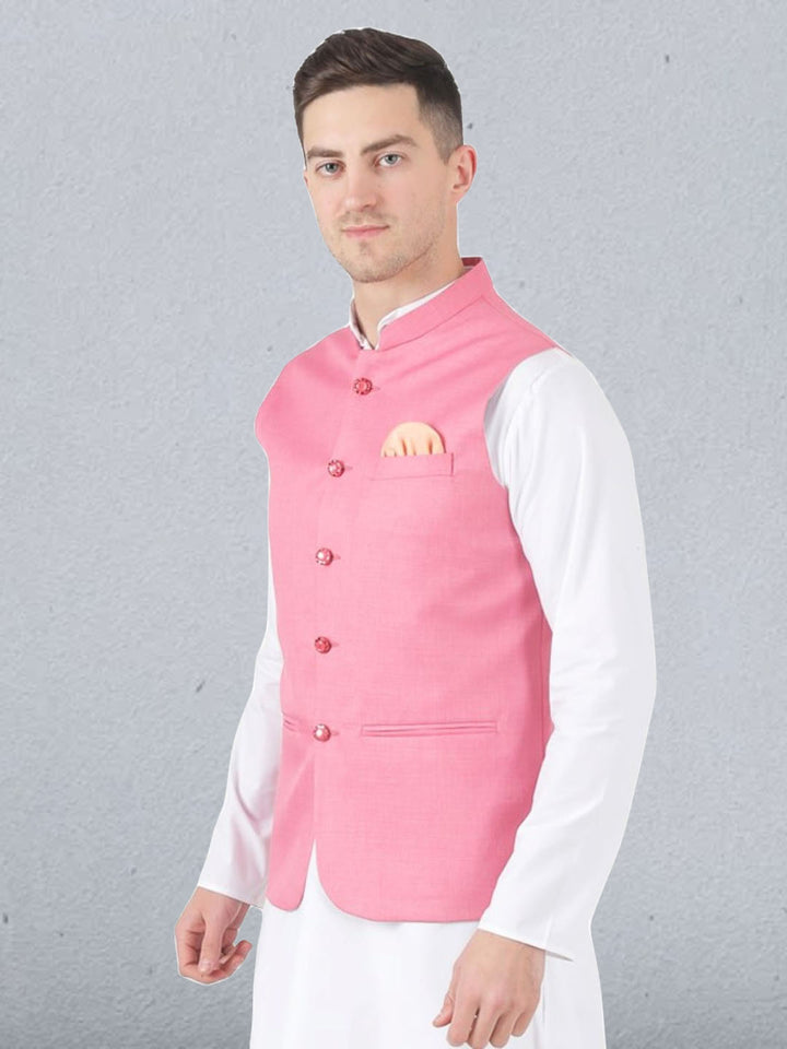Men Pink Button Nehru Jacket - Tahvo India