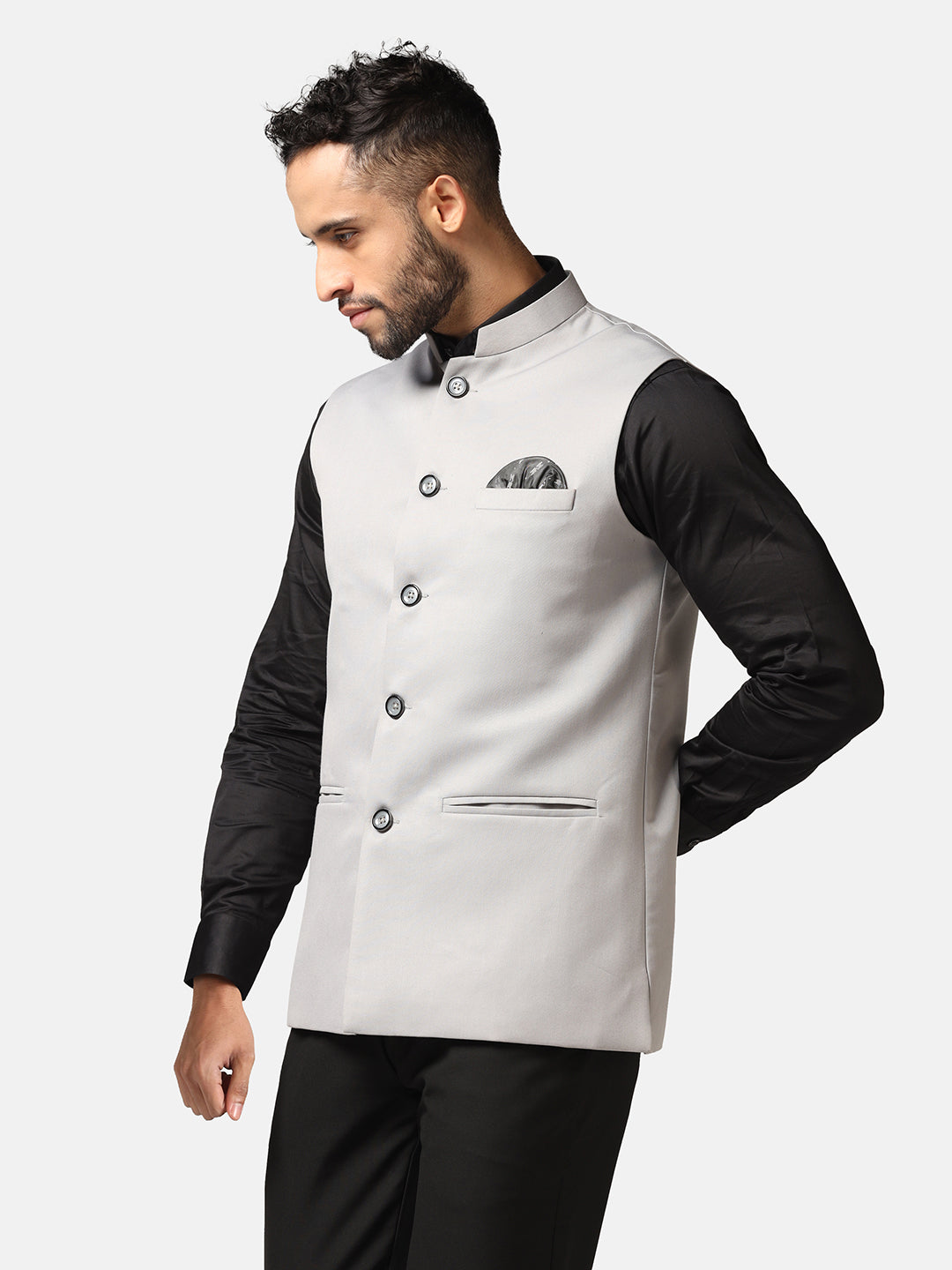 Men Light Grey Solid Nehru Jacket - Tahvo India