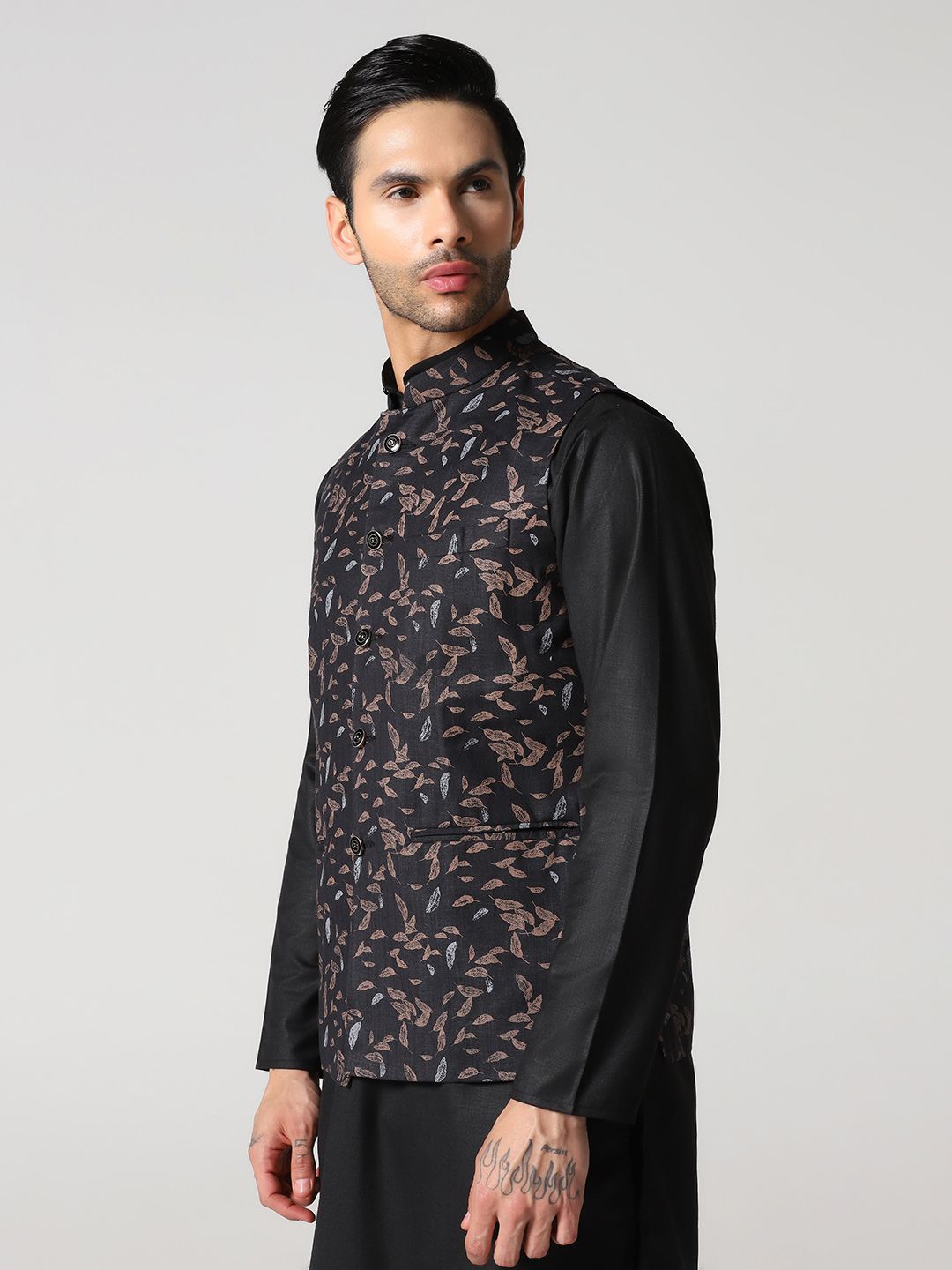 Black Leaf Printed Nehru Jacket