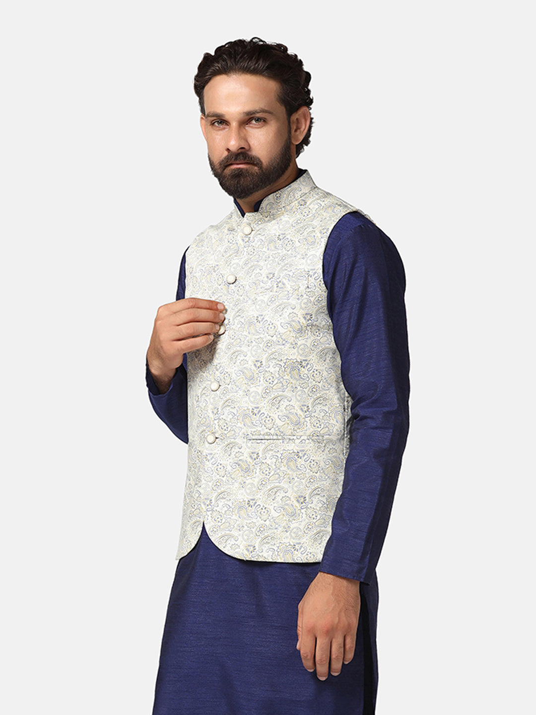 Men White Printed Nehru Jacket