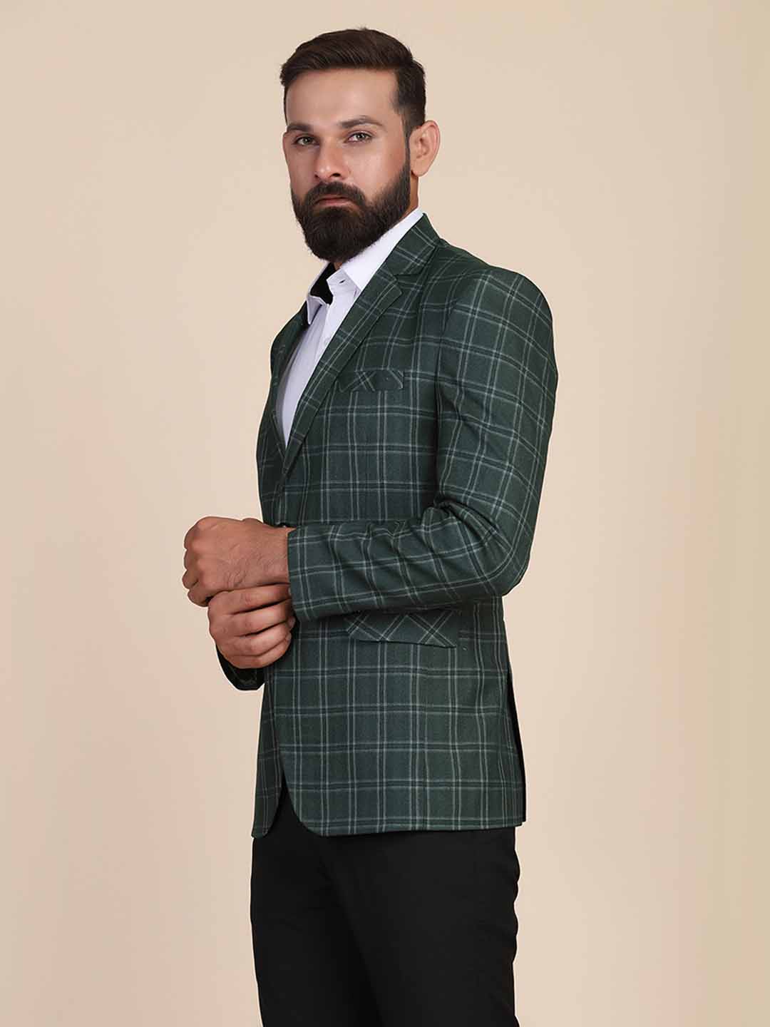 Men Tweed Green Check Blazer - Tahvo India