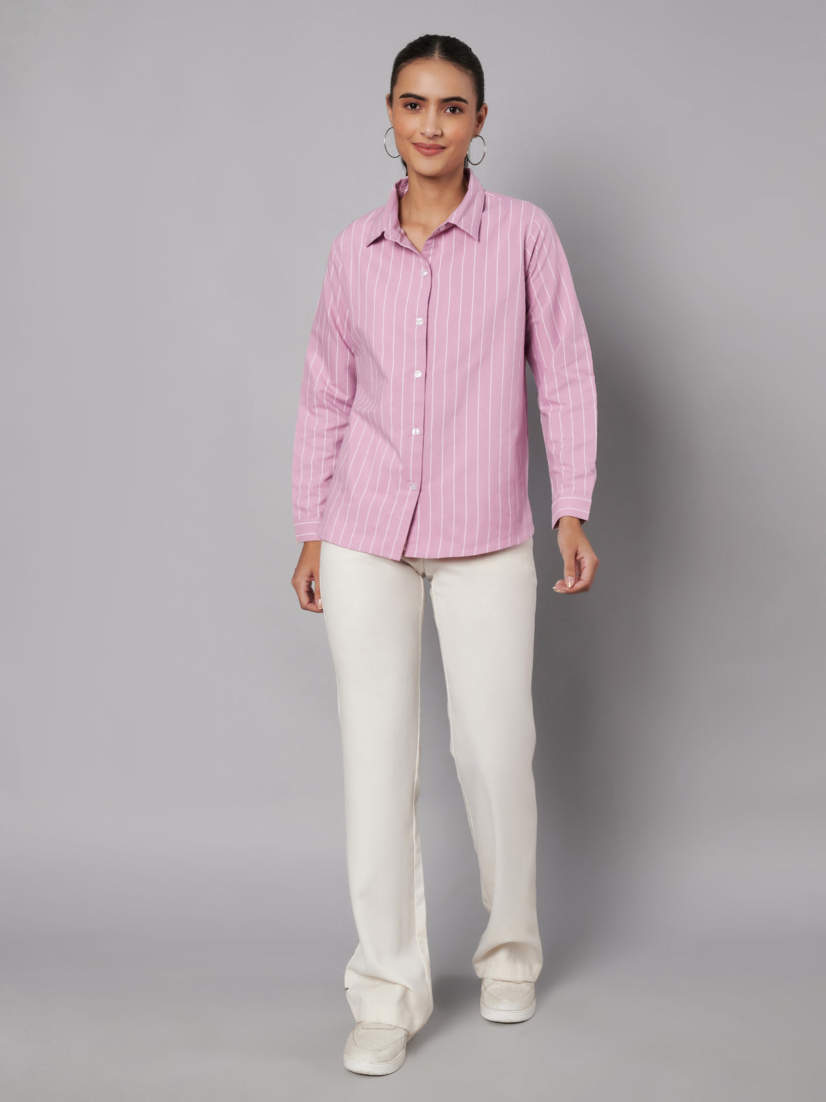 Women Pink Cotton Striped Shirt