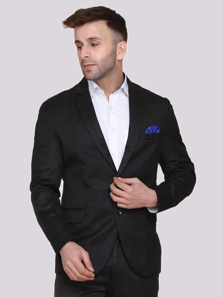Black Notched Lapel Blazer With Hanky For Men - Tahvo India