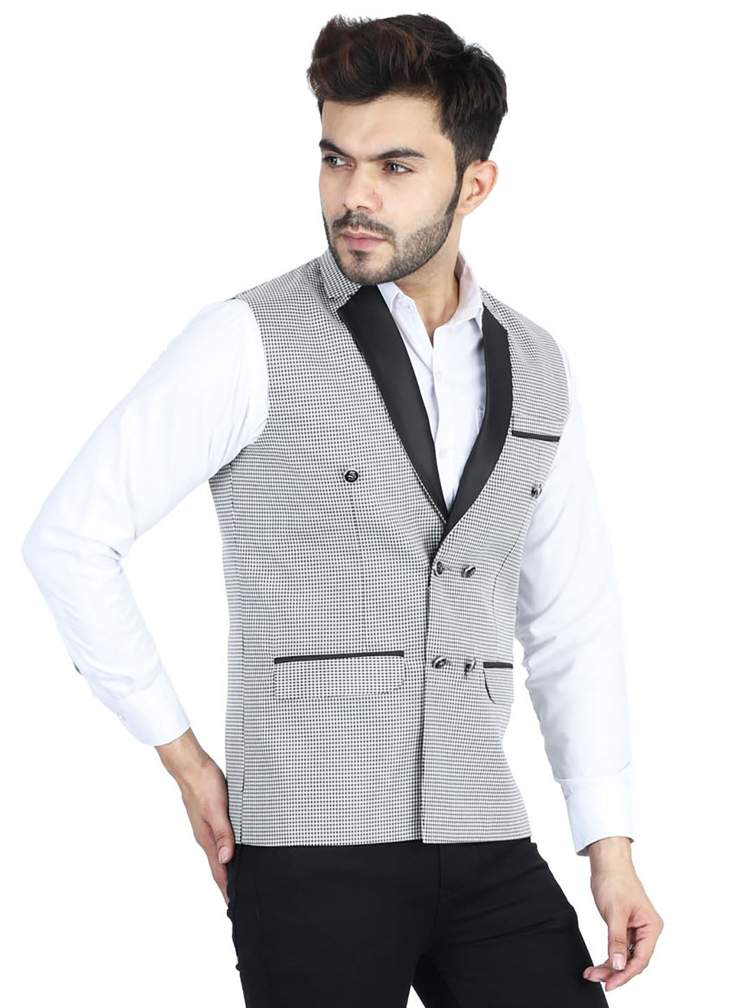 Men Black Check Waistcoat - Tahvo India