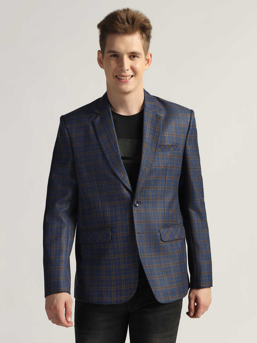 Men's Royal Blue Checked Tweed Blazer - Tahvo India