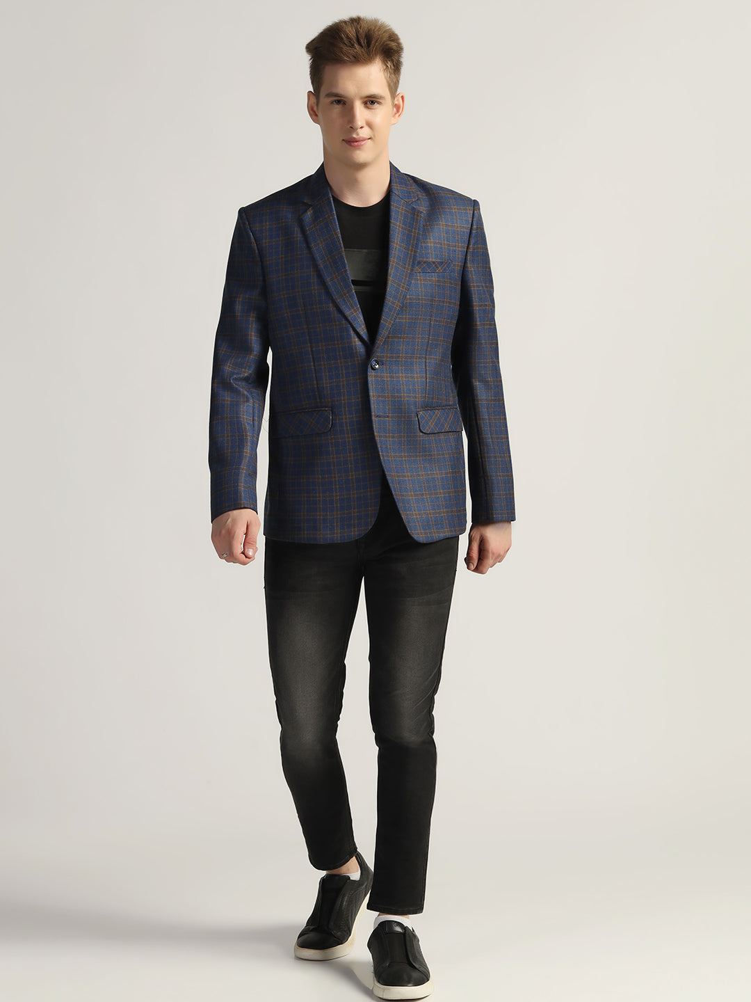 Men's Royal Blue Checked Tweed Blazer - Tahvo India