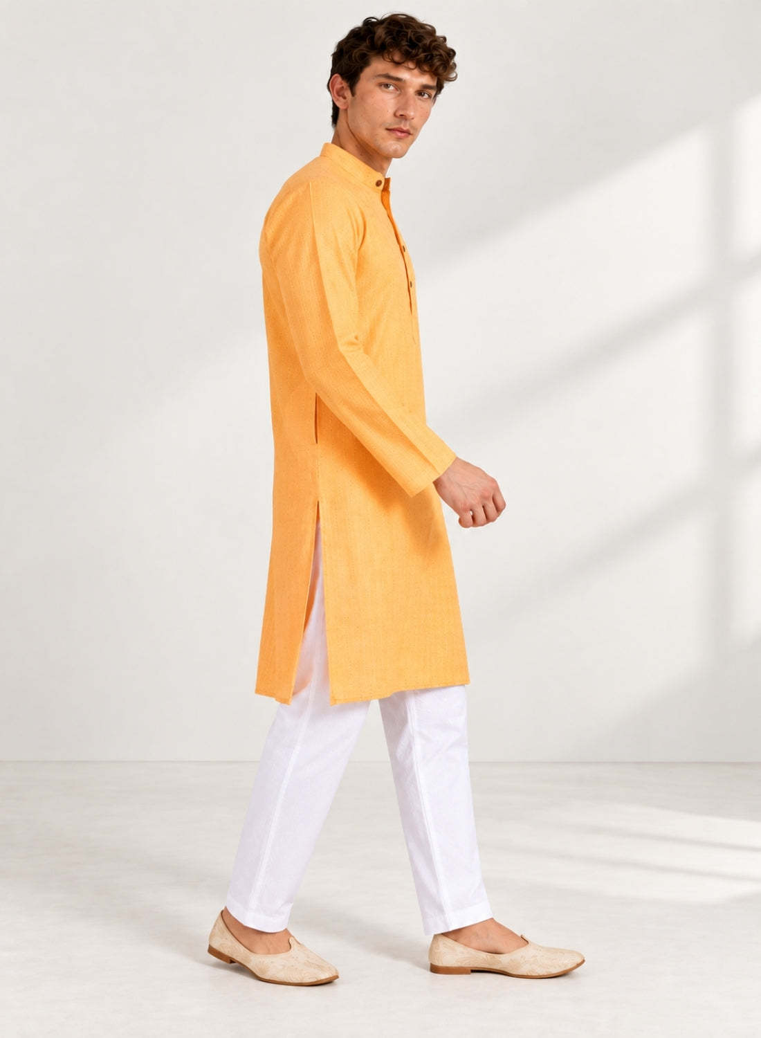 Men Orange Stripes Kurta