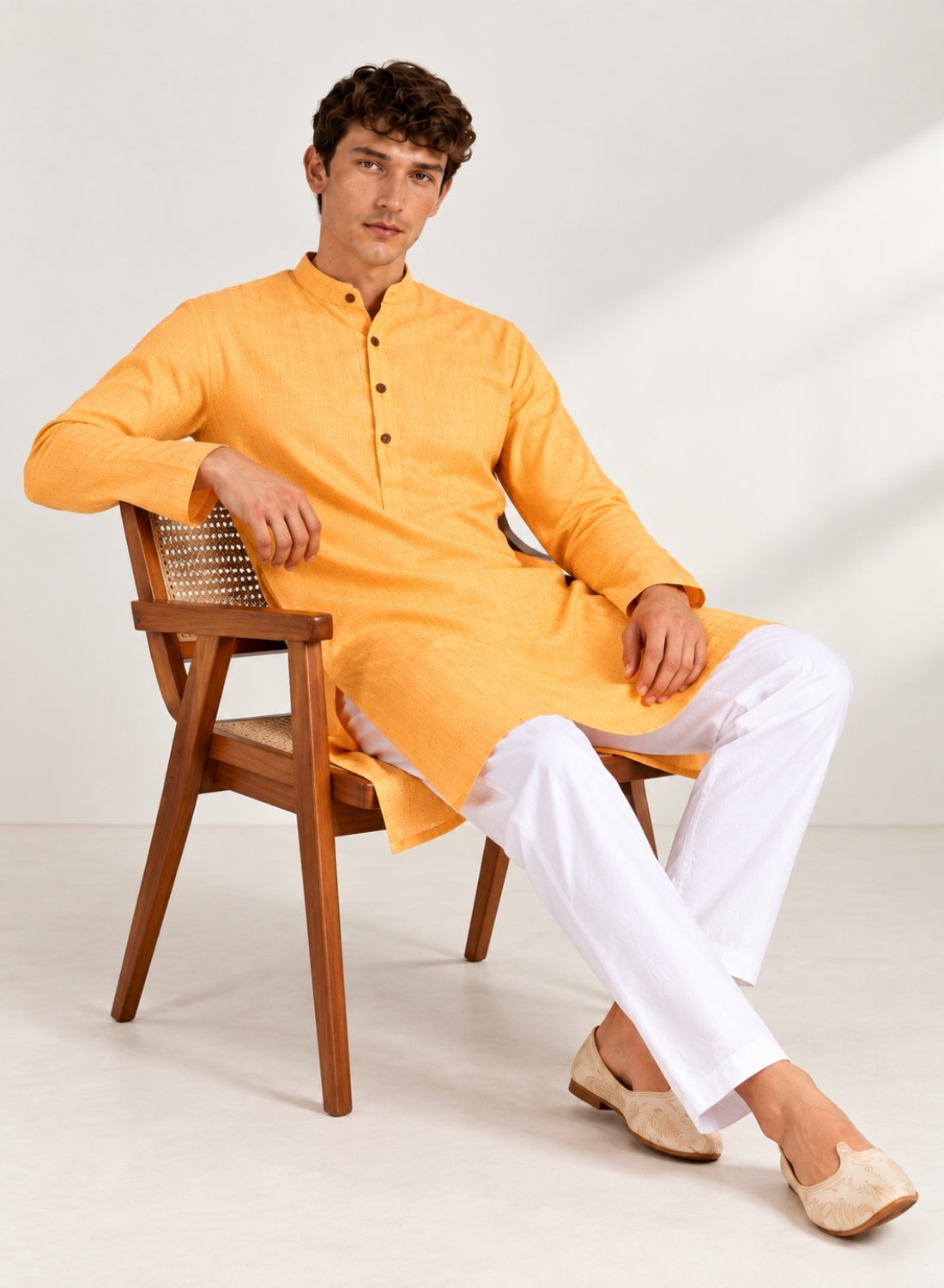Men Orange Stripes Kurta