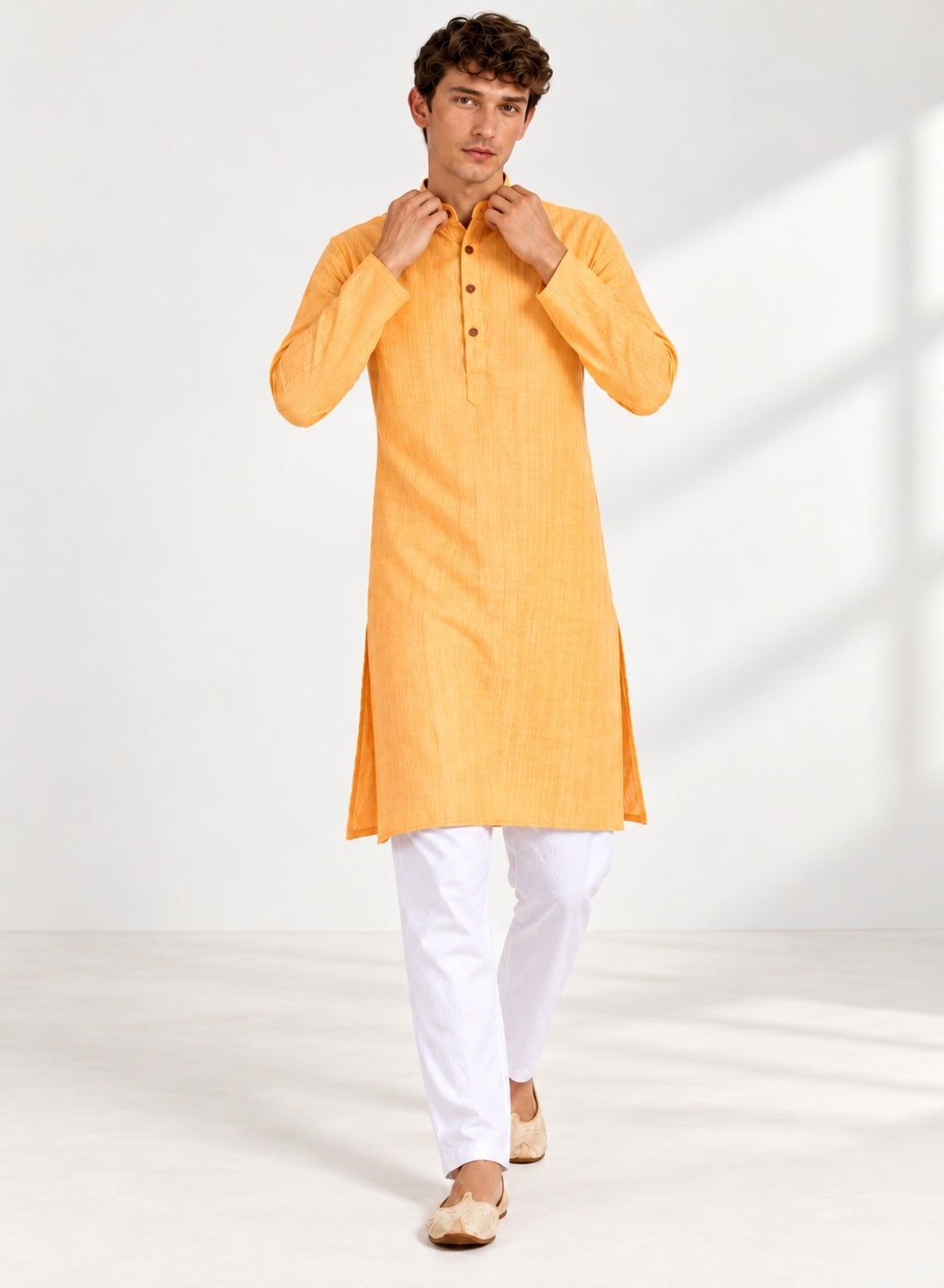 Men Orange Stripes Kurta