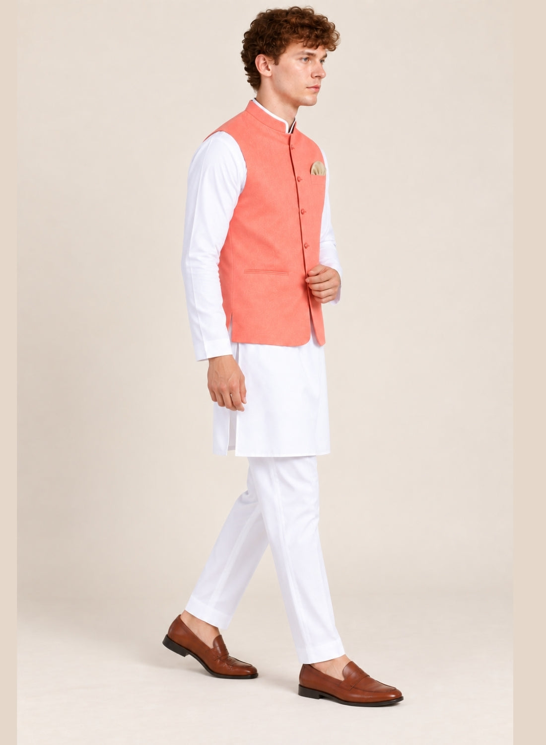 Men Peach 5 Button Nehru Jacket