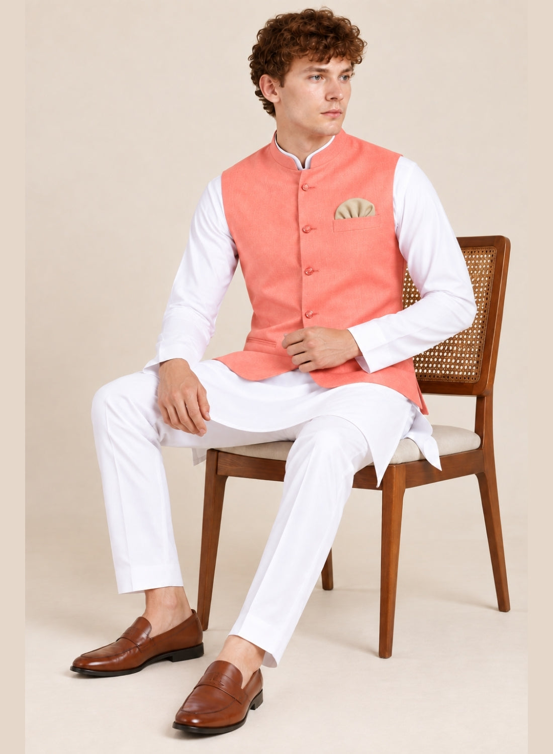 Men Peach 5 Button Nehru Jacket