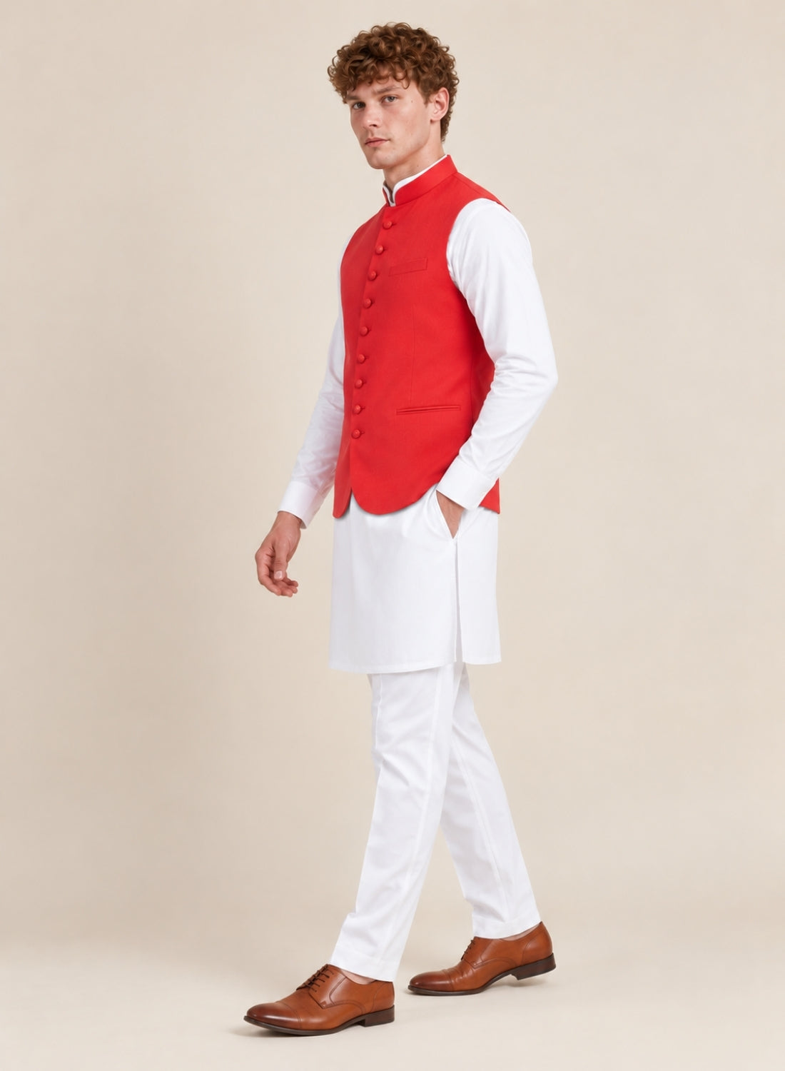 Men Red 9 Button Nehru Jacket