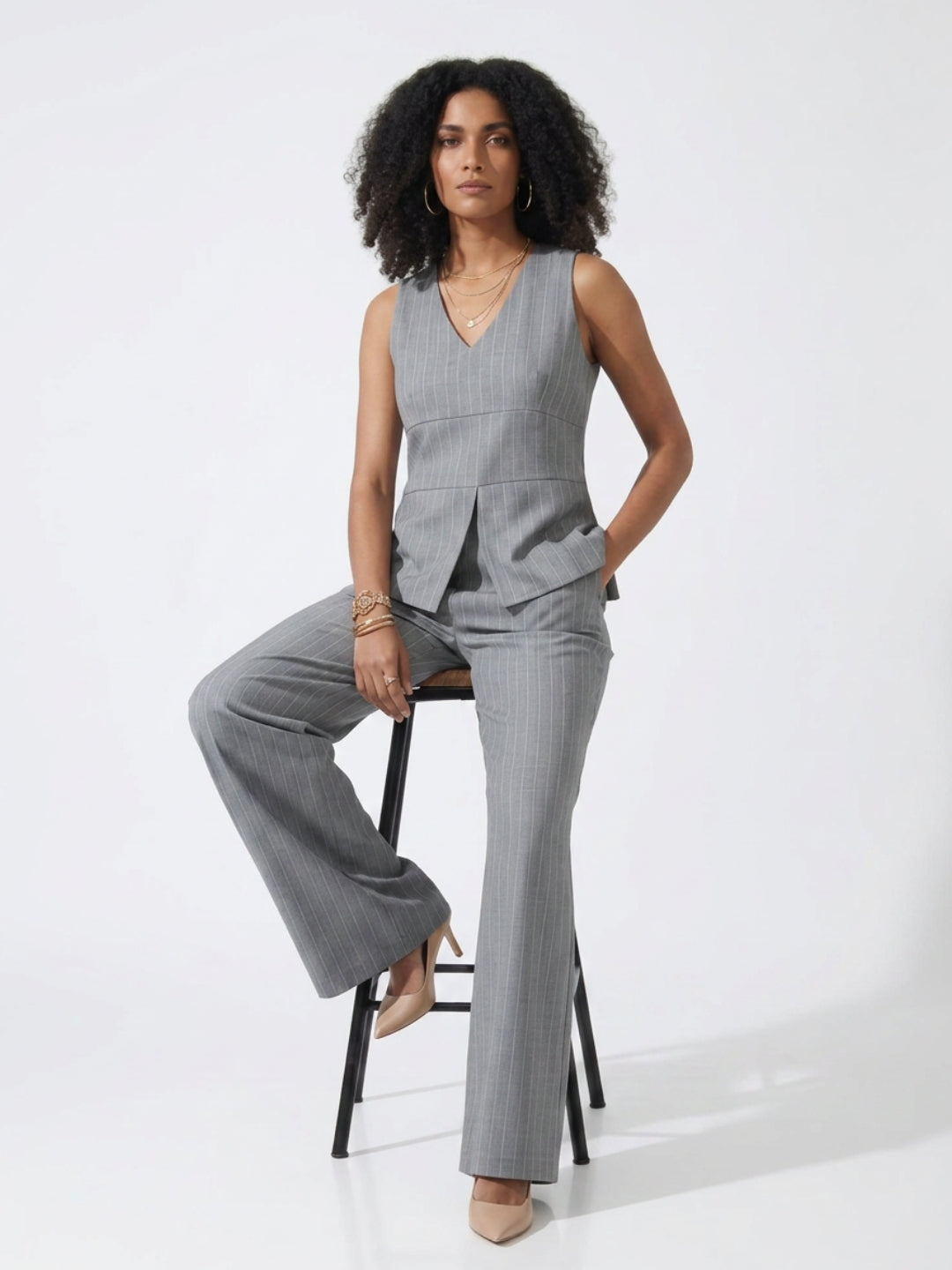 Grey Stripes Peplum Top With Trousers Co-Ords
