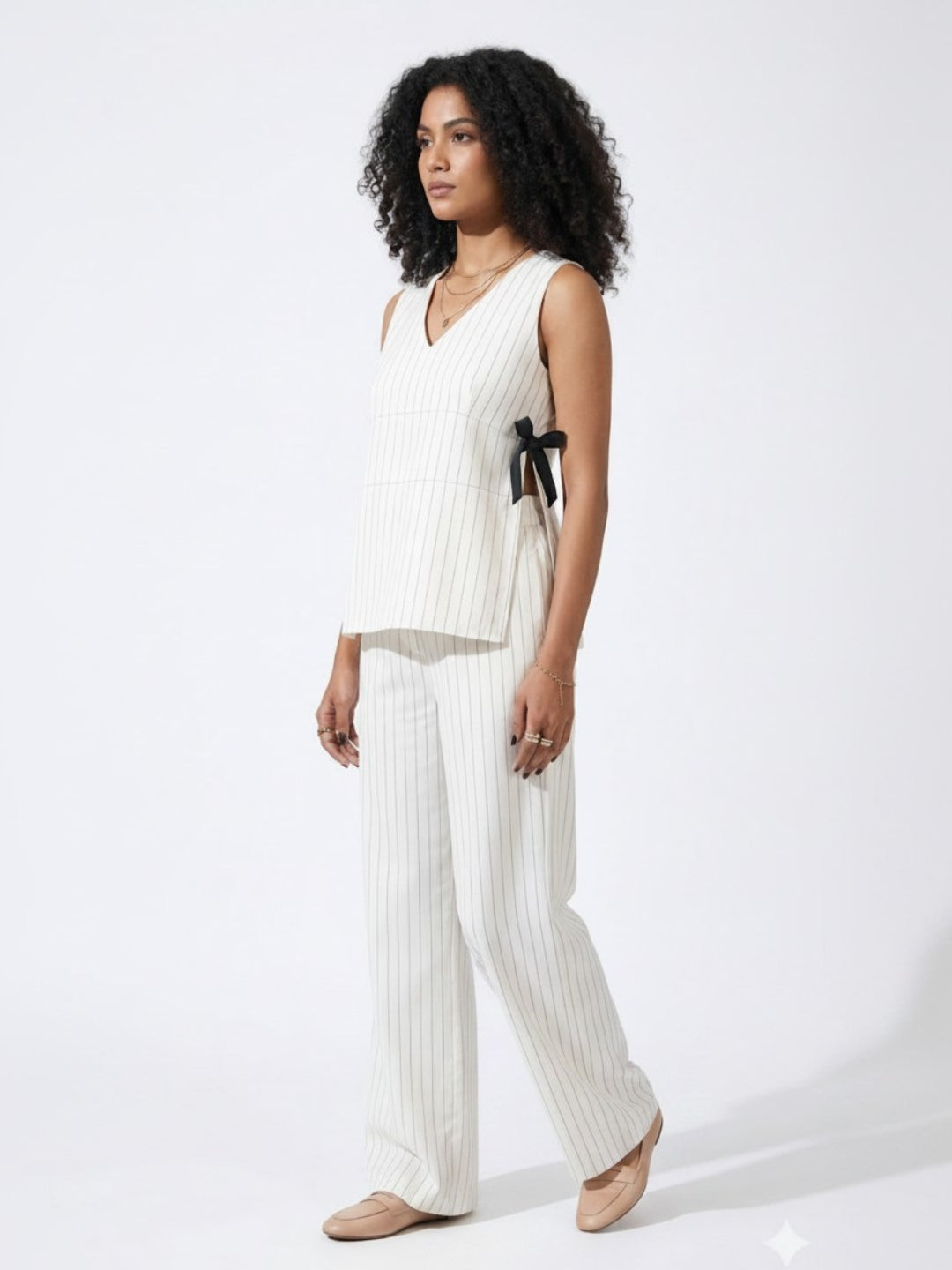 Black & White Stripes Peplum Top With Trousers Co-Ords