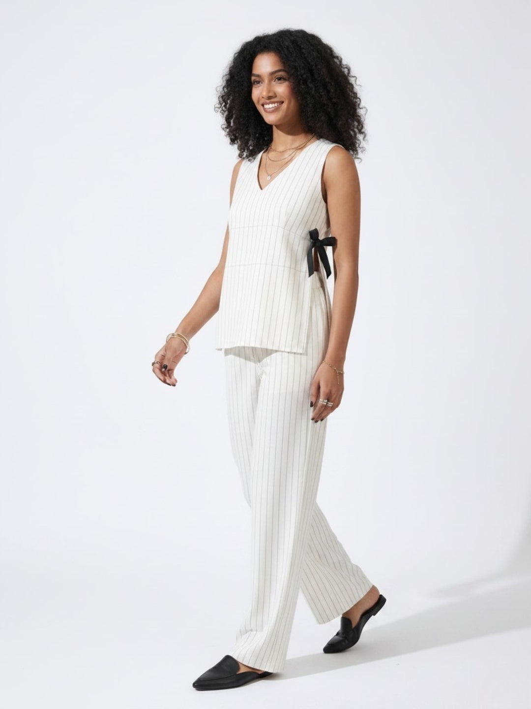Black & White Stripes Peplum Top With Trousers Co-Ords