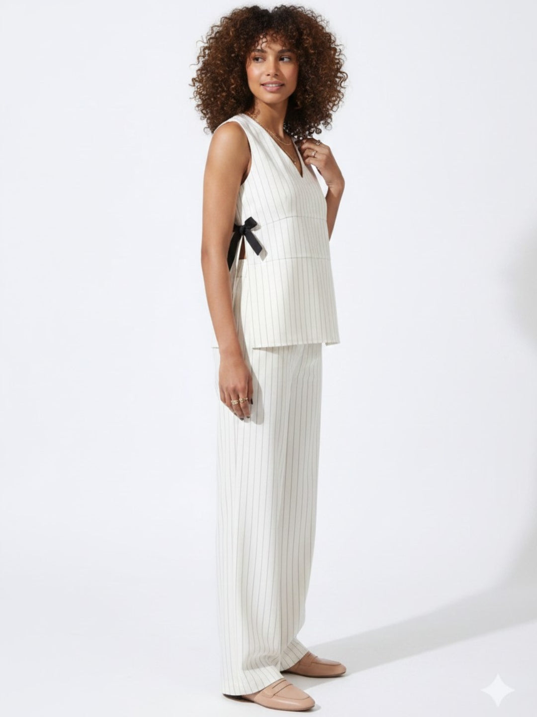 Black & White Stripes Peplum Top With Trousers Co-Ords