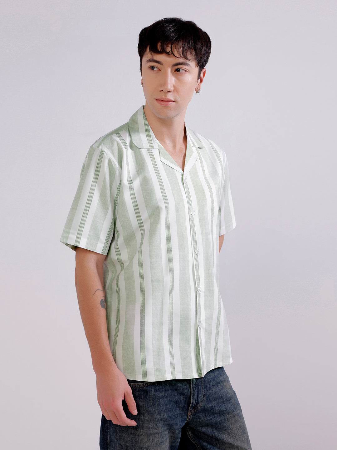 Men green stripes casual shirt