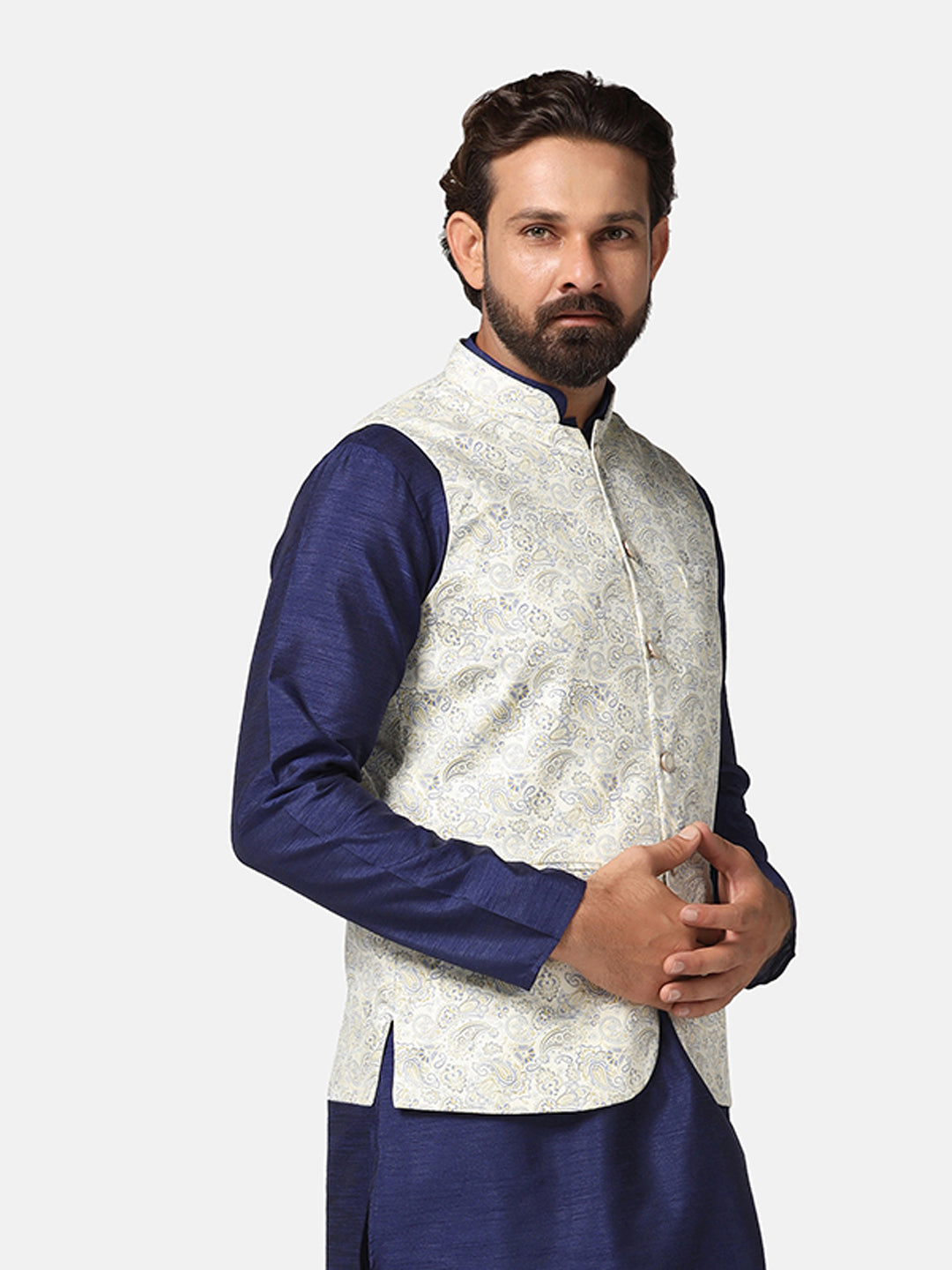 Men White Printed Nehru Jacket