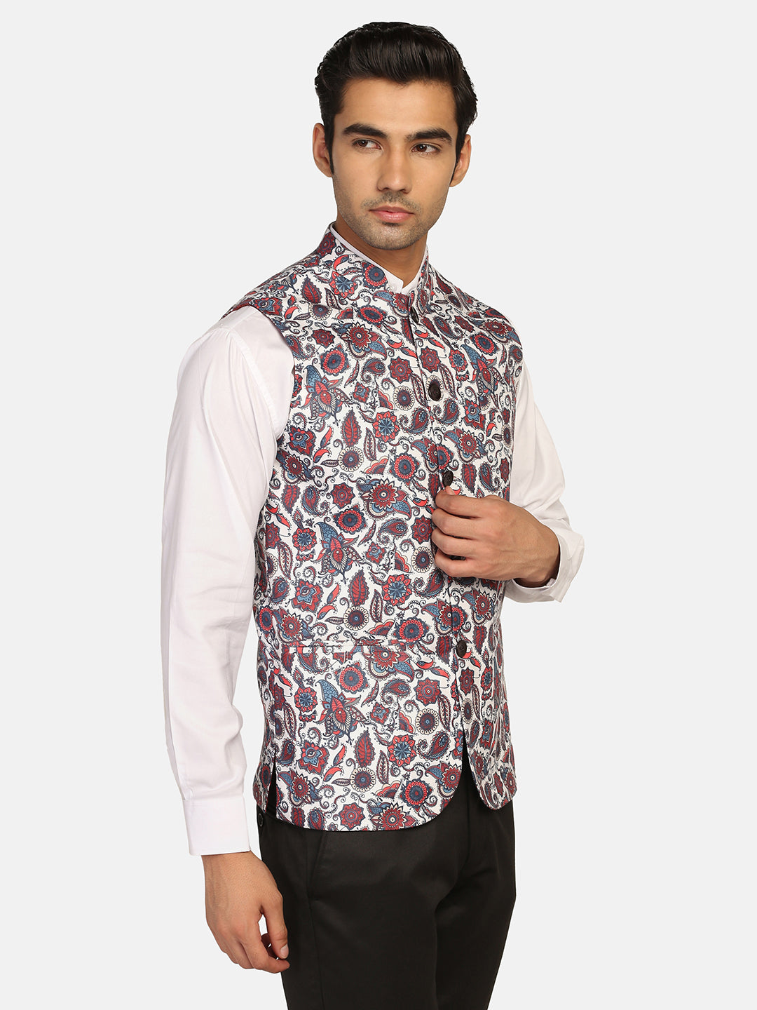 Men White Printed Nehru Jacket
