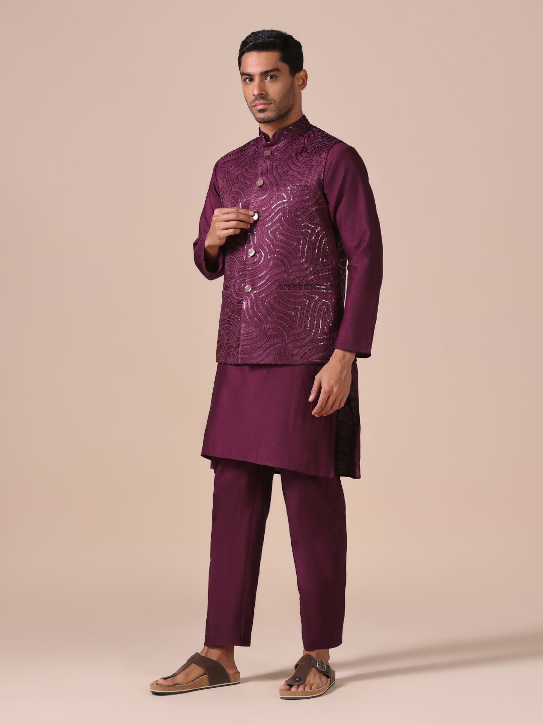 Heritage Wine Kurta Set with Textured Nehru Jacket