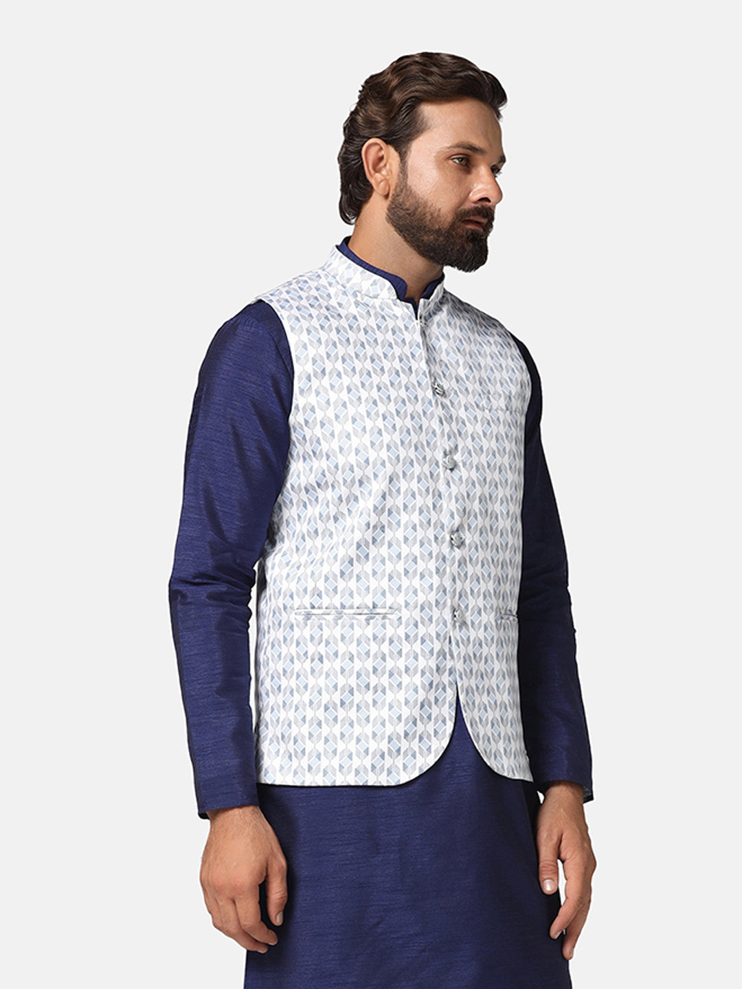 Men White Printed Nehru Jacket
