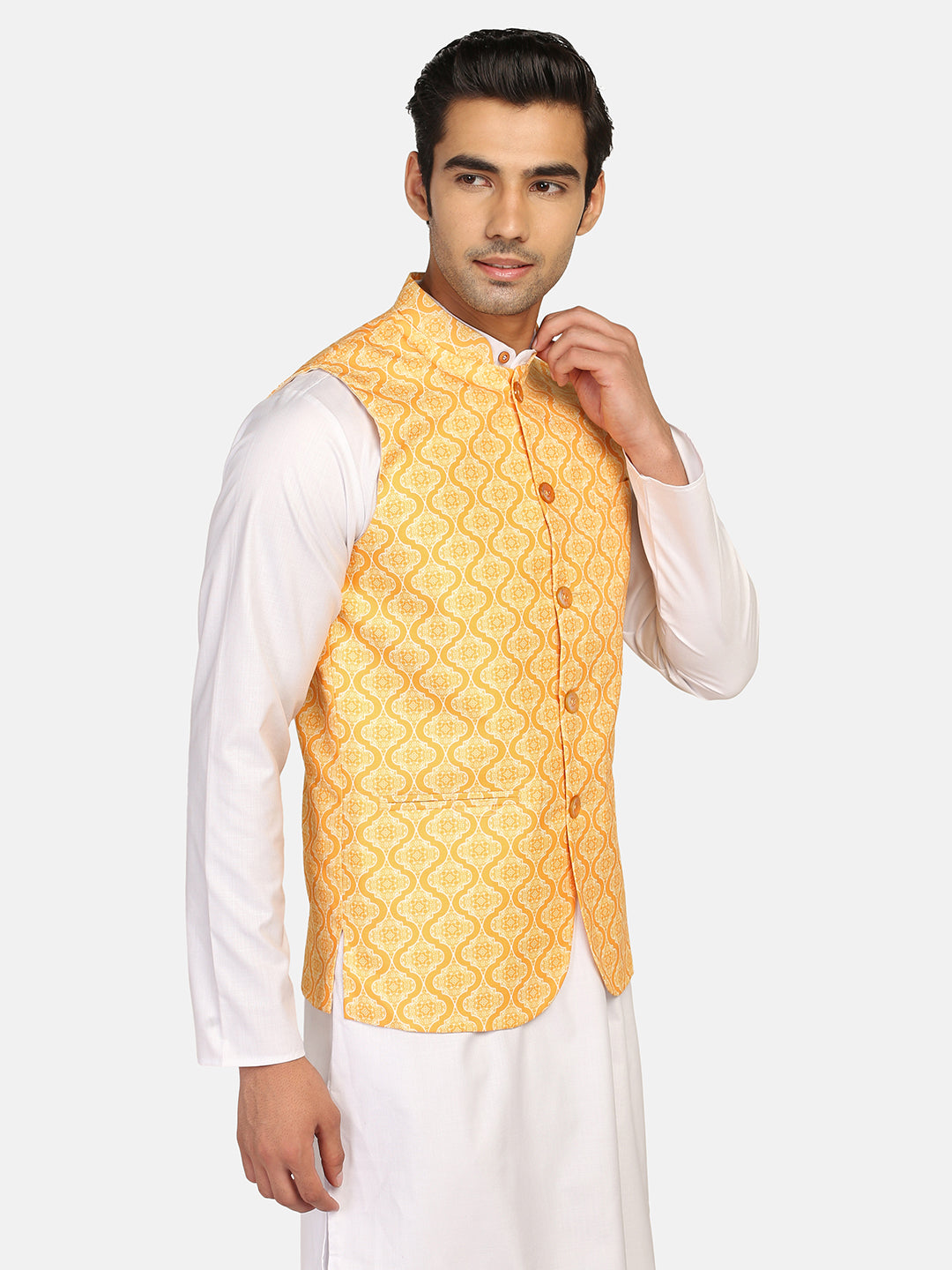 Men Yellow Printed Nehru Jacket