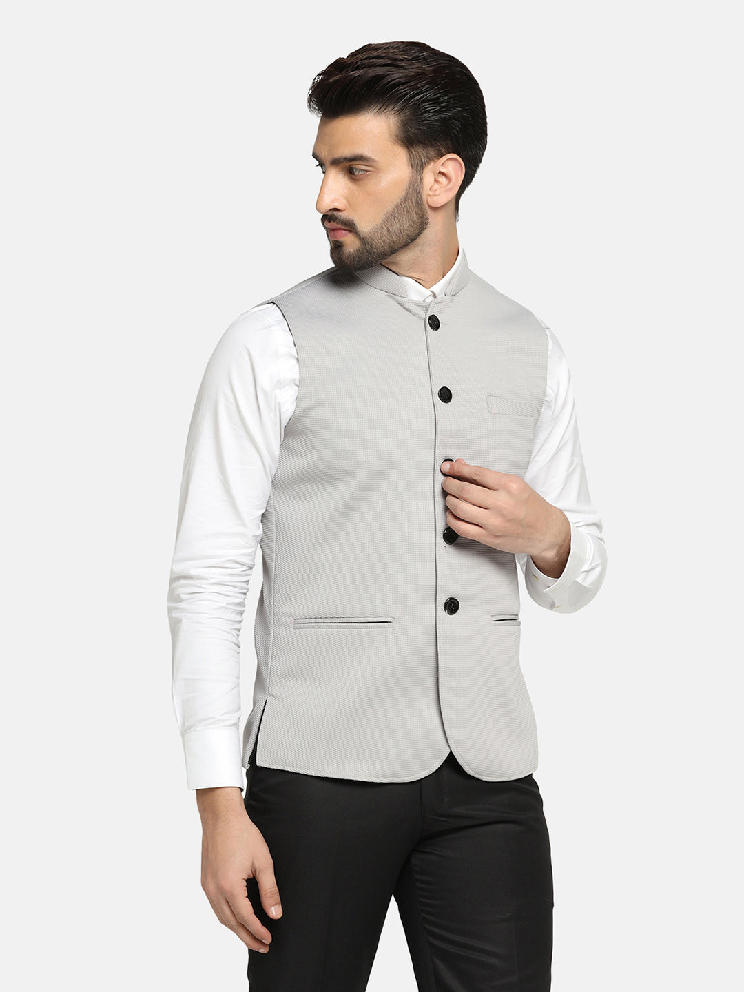 Men Grey Textured Nehru Jacket - Tahvo India