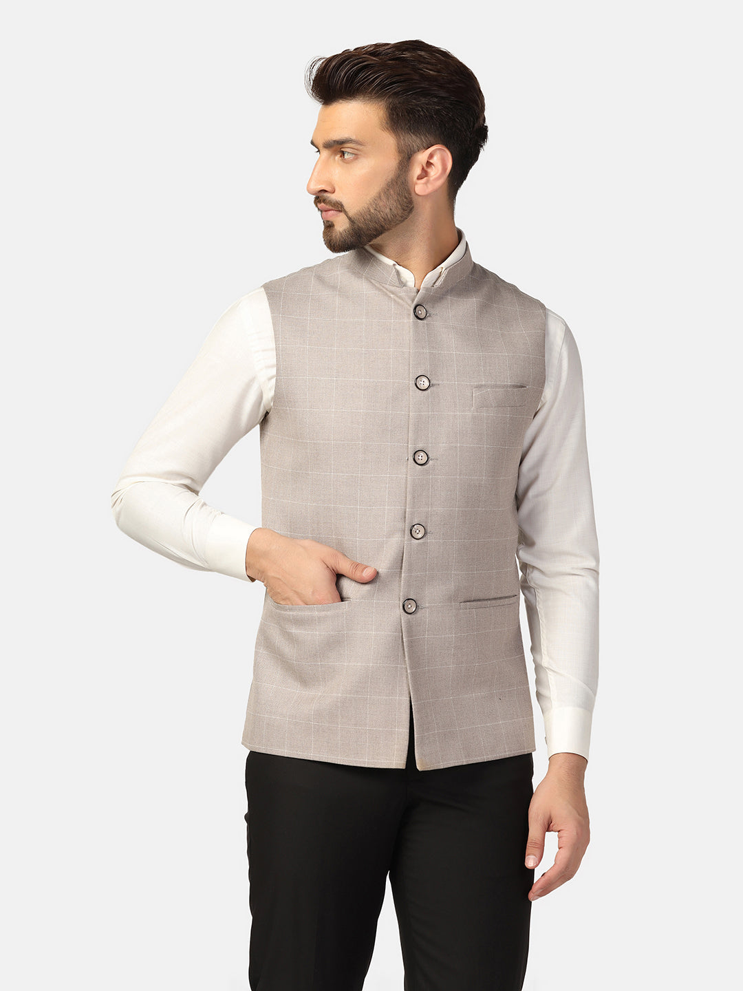 Men Beige Check Nehru Jacket