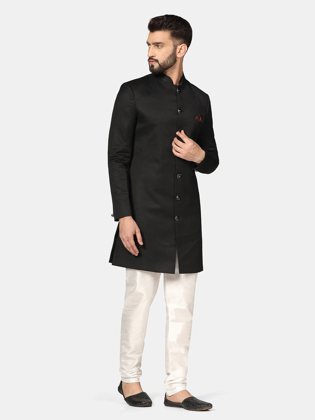 Men Black Cotton Sherwani