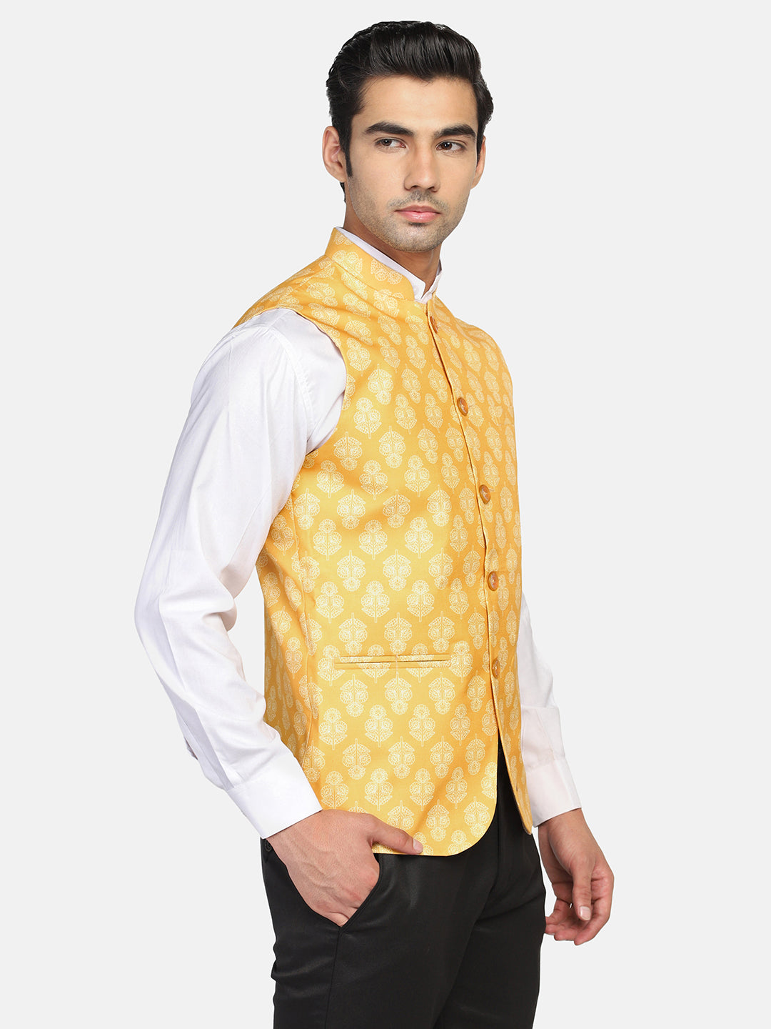 Men Yellow Leaf Nehru Jacket
