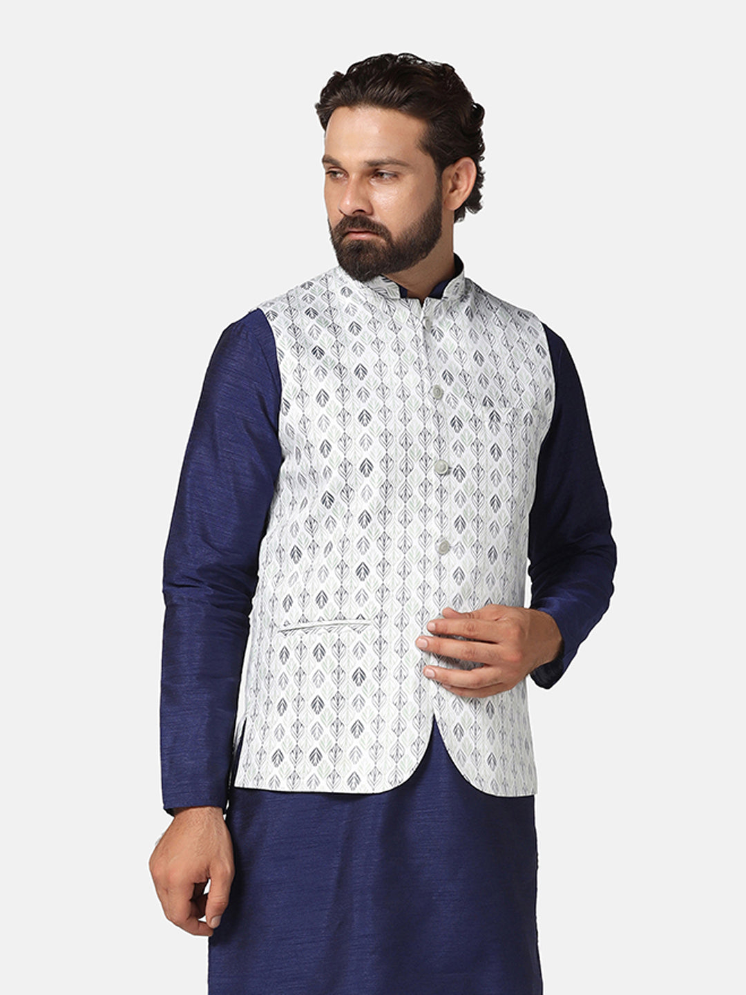 Men Green Cotton Printed Nehru Jacket
