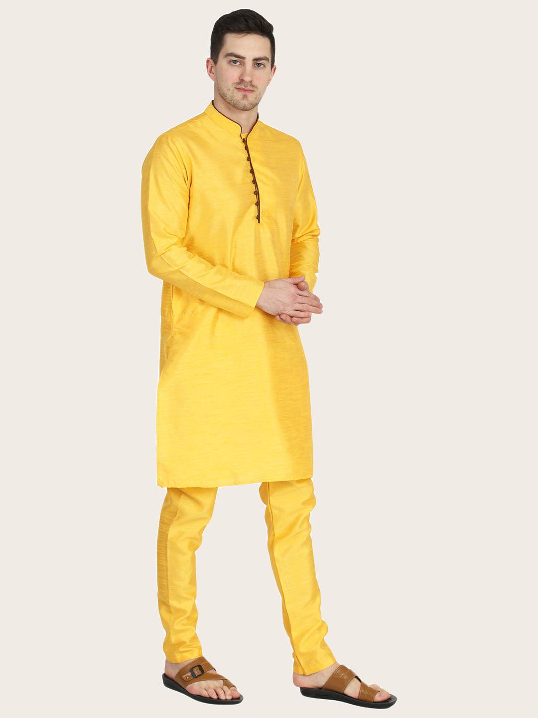 Men Yellow Dupion Kurta Set - Tahvo India