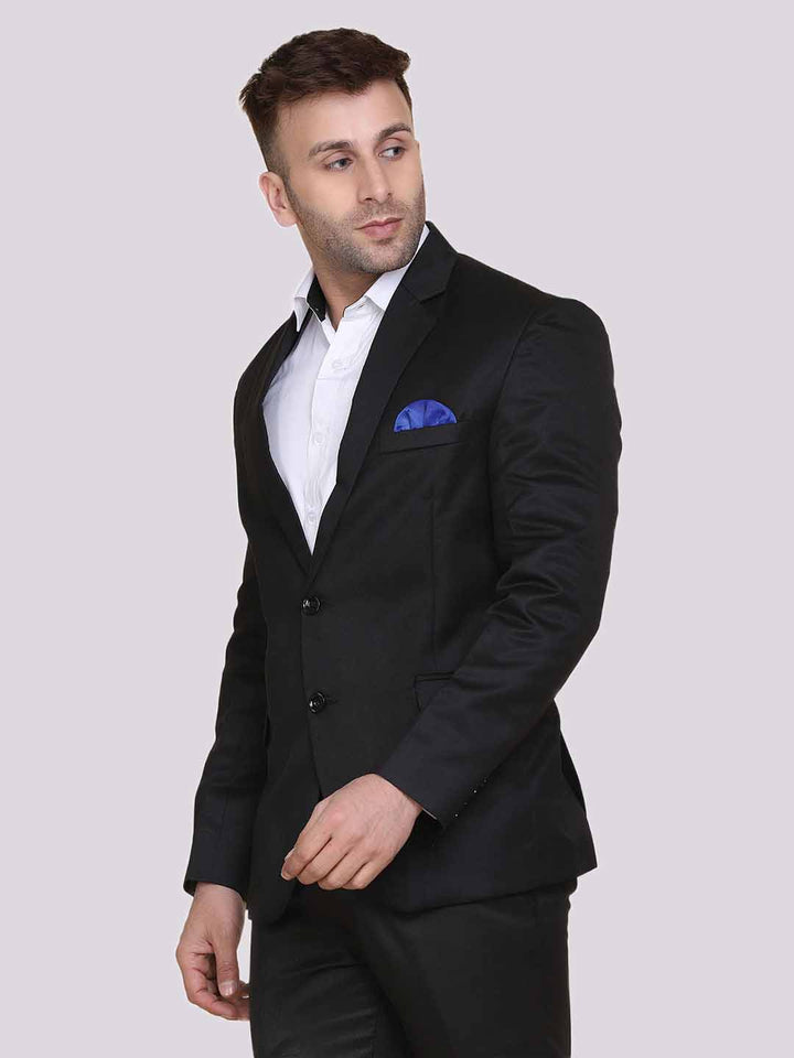 Black Notched Lapel Blazer With Hanky For Men - Tahvo India