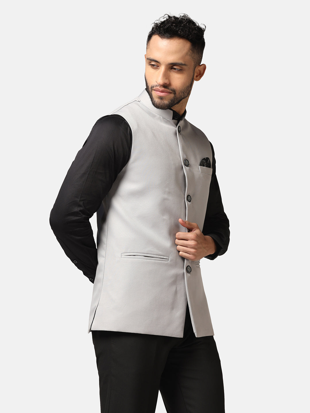 Men Light Grey Solid Nehru Jacket - Tahvo India