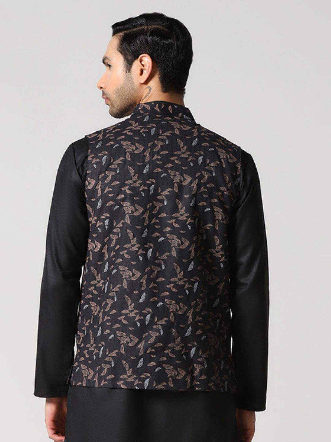 Black Leaf Printed Nehru Jacket