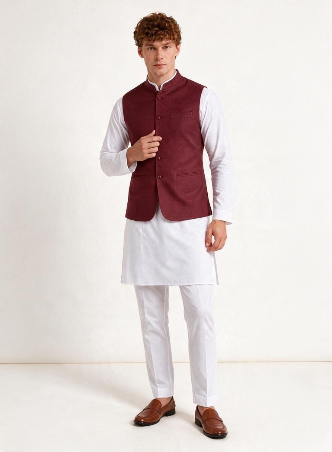 Men Kurta Set With Maroon Jacket