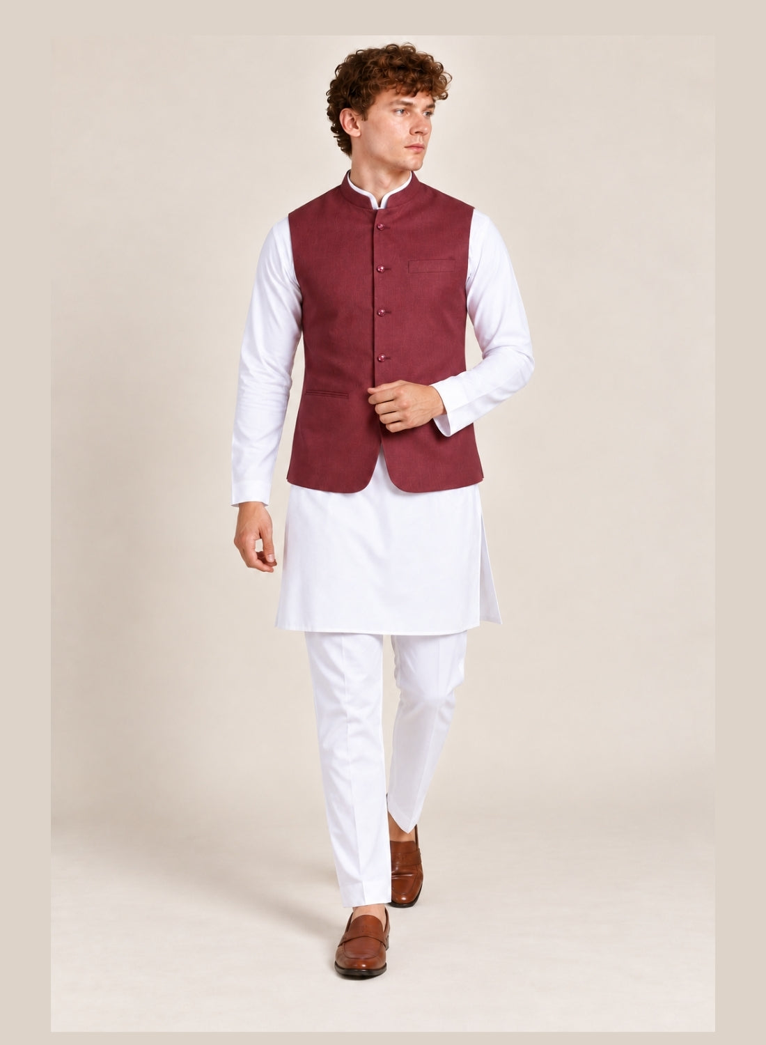 Men Kurta Set With Maroon Jacket