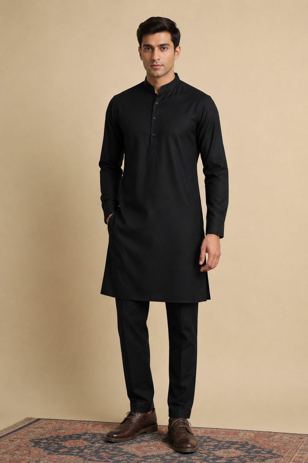 Men Plain Black Kurta Set