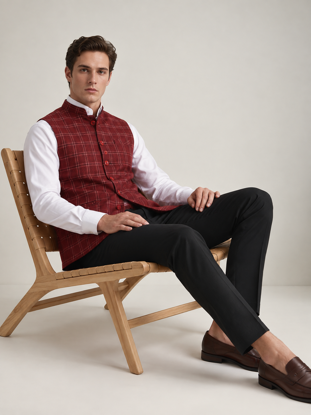 Men Maroon Tweed Nehru Jacket