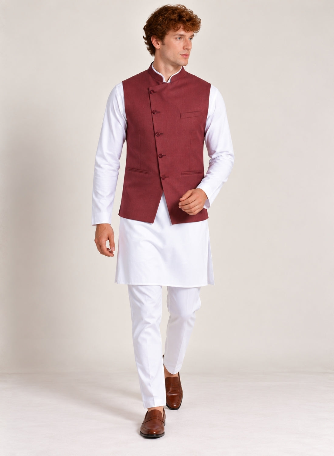 Men white Kurta Set With Angrakha Jacket