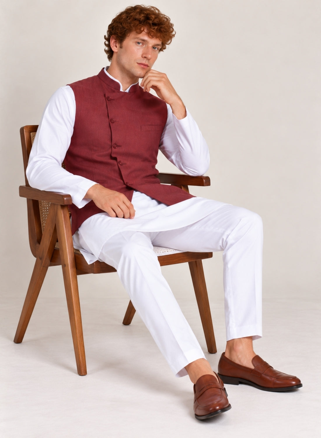 Men white Kurta Set With Angrakha Jacket