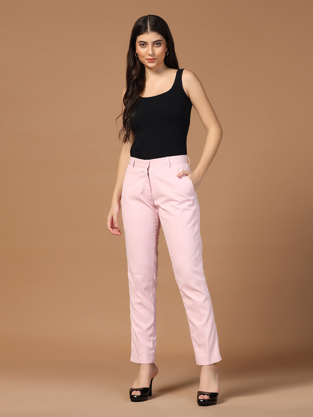 Women Pink Straight Fit Trousers - Tahvo India