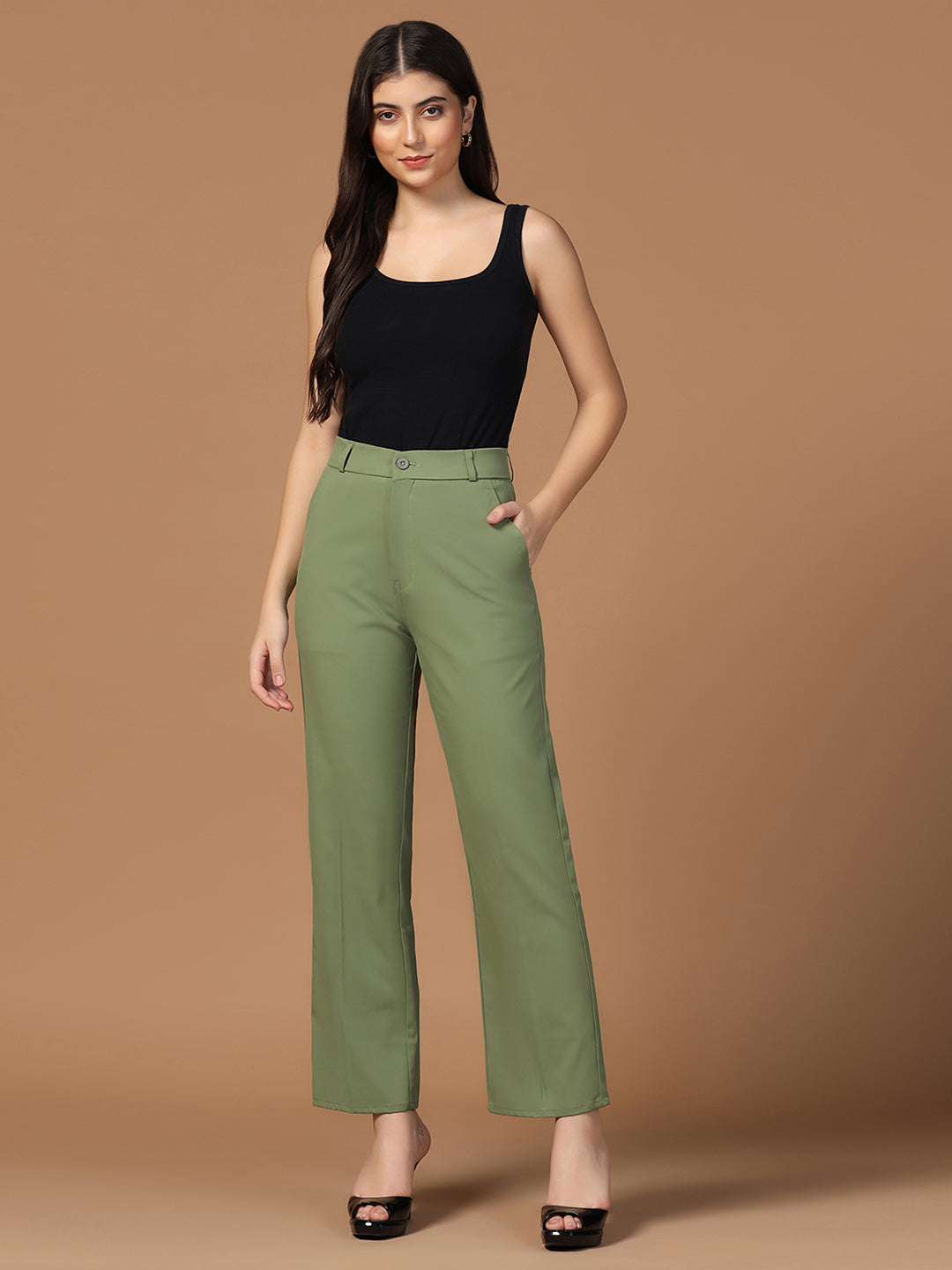 Women Dark Green Straight Fit Trousers - Tahvo India