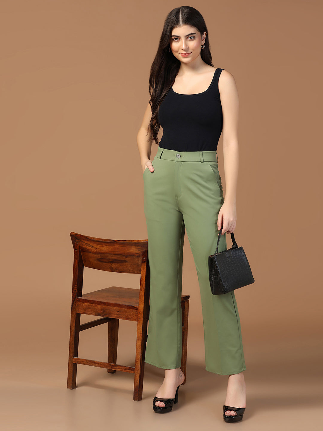 Women Dark Green Straight Fit Trousers - Tahvo India