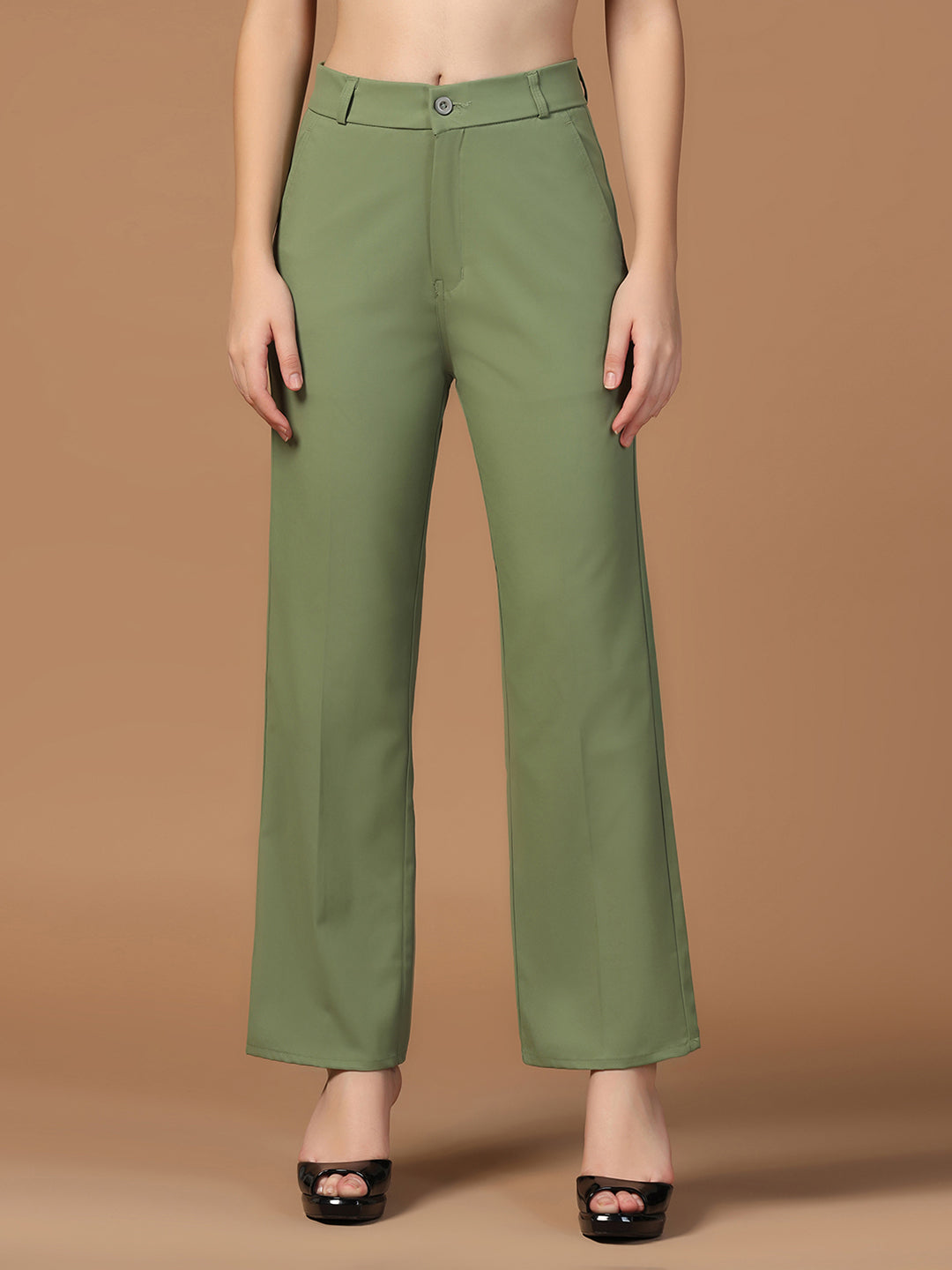 Women Dark Green Straight Fit Trousers - Tahvo India